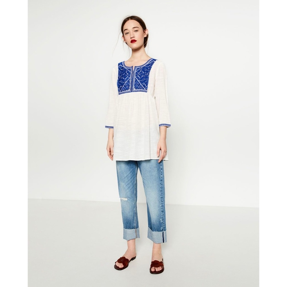 ⛅️ Zara Embroidered Blue and White Gauzy Tunic Blouse